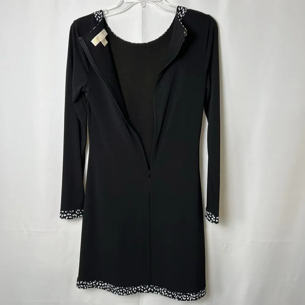Michael Kors Black Dress Small Black/White Animal Print Trim Long Sleeve Dress